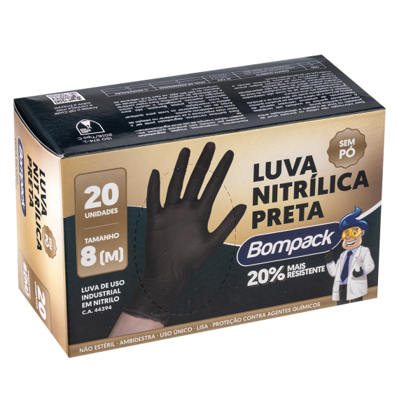 LUVA NITRILICA BOMPACK PRETA M(8) C/20