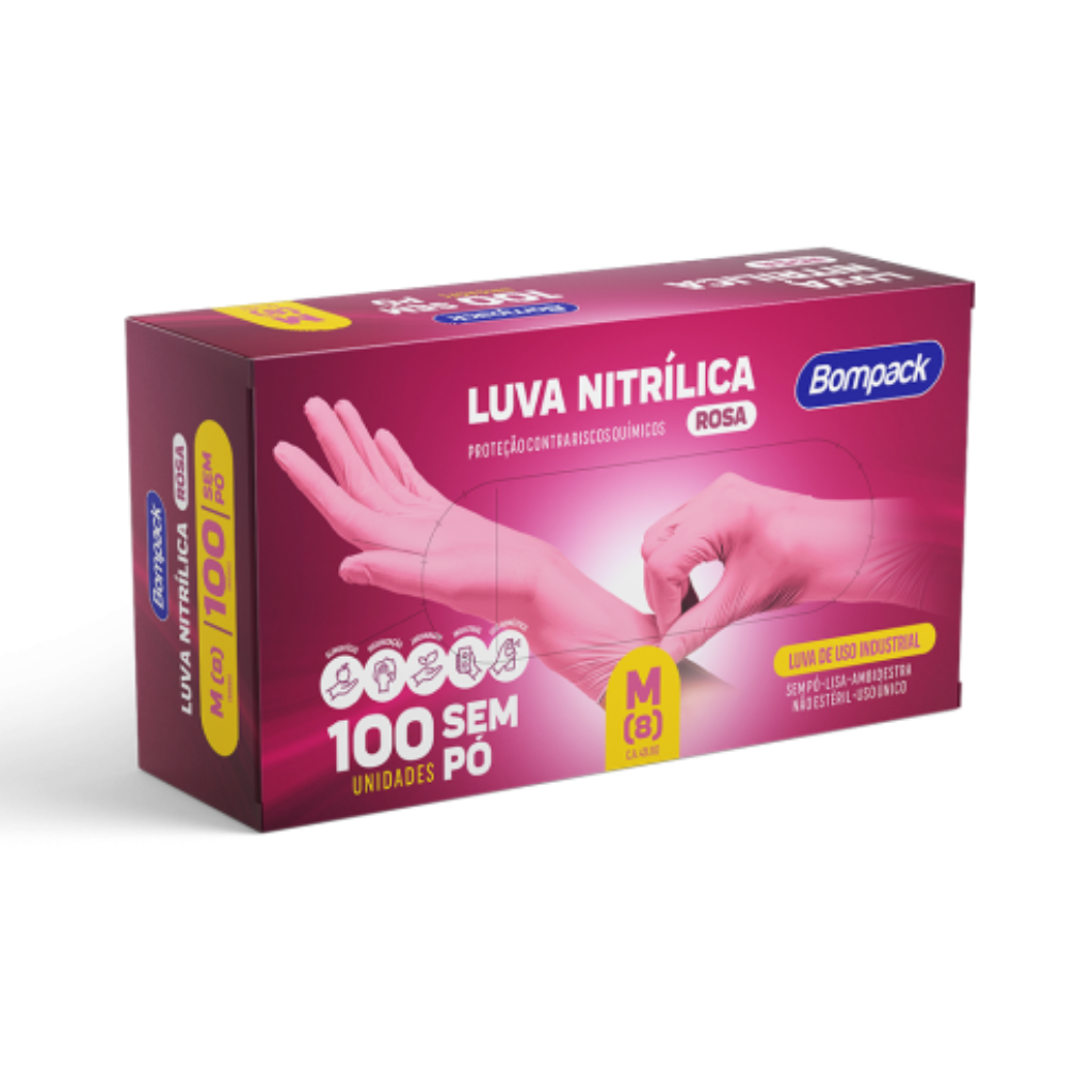 LUVA NITRILICA BOMPACK ROSA M C/100
