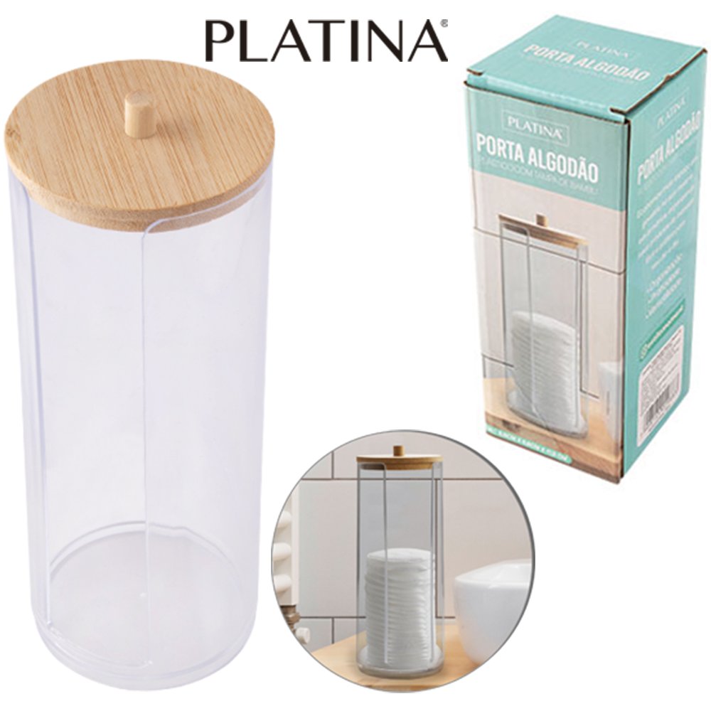 PORTA ALGODAO REDONDO PLASTICO COM TAMPA DE BAMBU