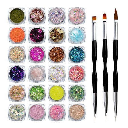 KIT DECORACAO ( 3 APLICADORES E 6 GLITTERS PARA UNHA)